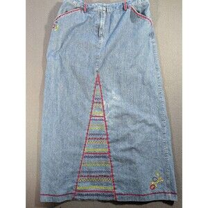 J.Jill Denim Maxi Skirt Womens Embroidered Floral Boho Y2K Long Jean Skirt